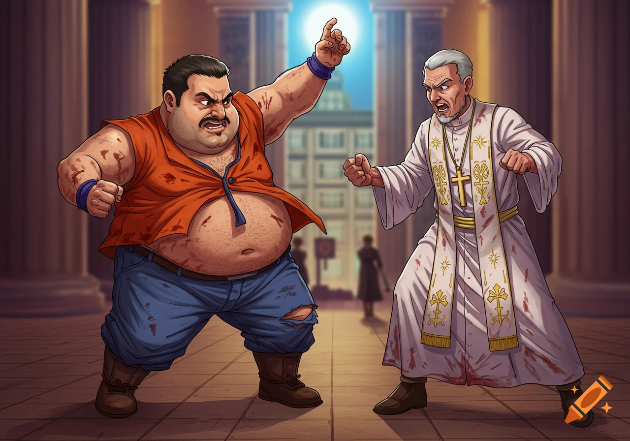 Cartoon style depiction of a large man fighting a religious figure with blood splatters, in a building with columns.