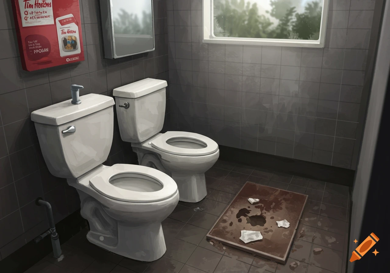 Painterly image of a dirty Tim Hortons bathroom with two toilets and a messy mat.