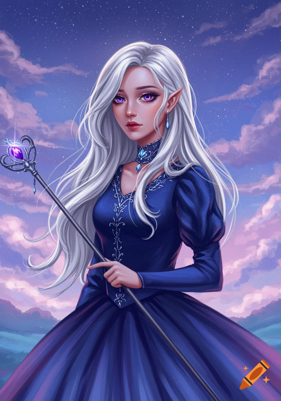Fantasy portrait of an elf princess with white hair, purple eyes, blue ...