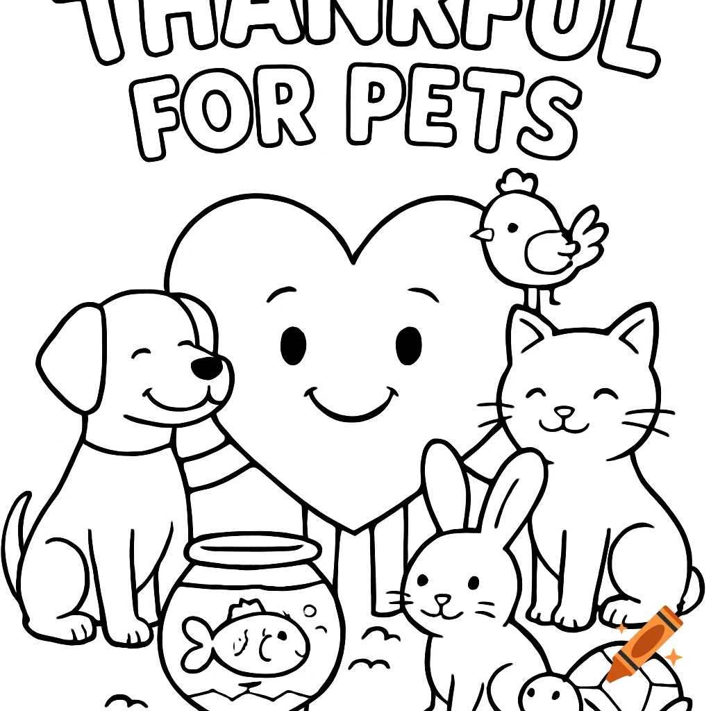 Black and white coloring page of cartoon pets, a heart, and text 'THANKFUL FOR PETS'.