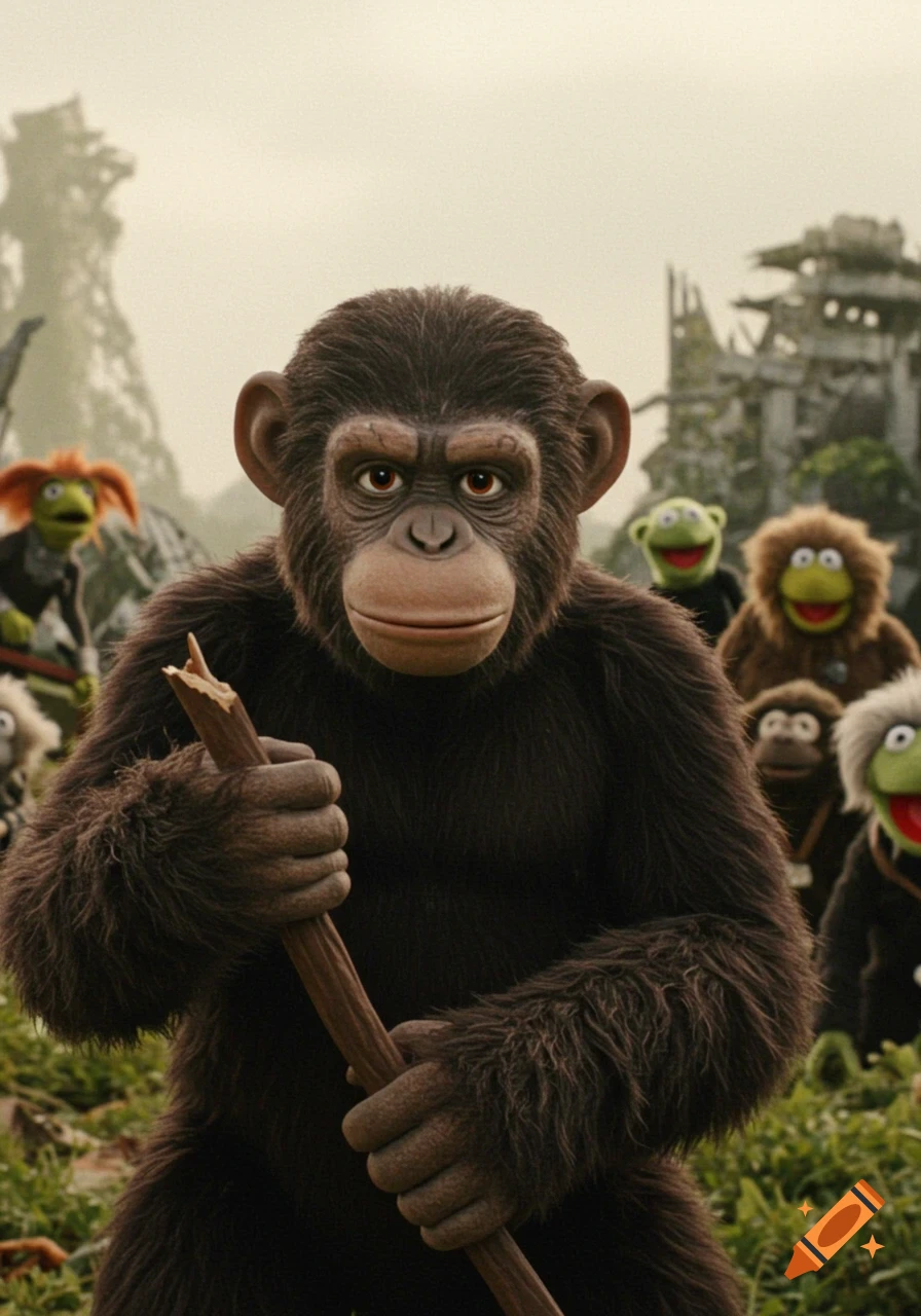 A group of Muppet-like apes in a jungle setting, one in foreground holding a stick.