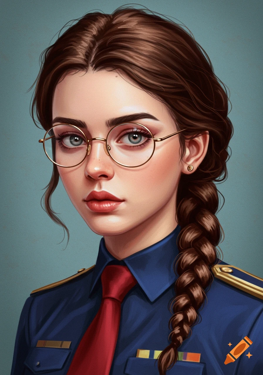 Illustrative portrait of a woman in round glasses, blue uniform shirt, red tie, and a braid.