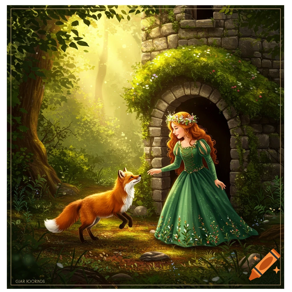 Fantasy illustration of a princess in a green dress with a fox in a sunny forest clearing near a stone archway.
