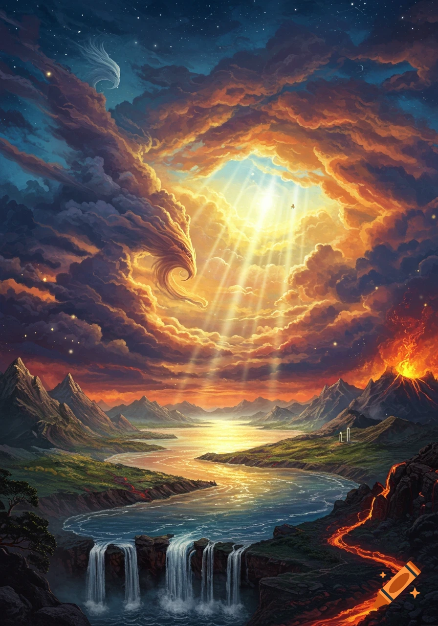 A dramatic fantasy landscape painting with turbulent clouds, sun rays, river, waterfall, mountains, volcano, and lava flow.