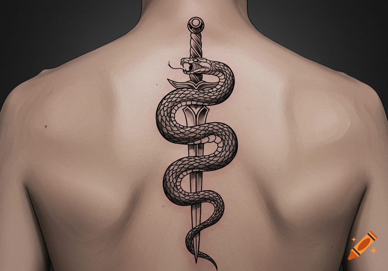 Black and white tattoo of a snake coiled around a sword on a person's back.