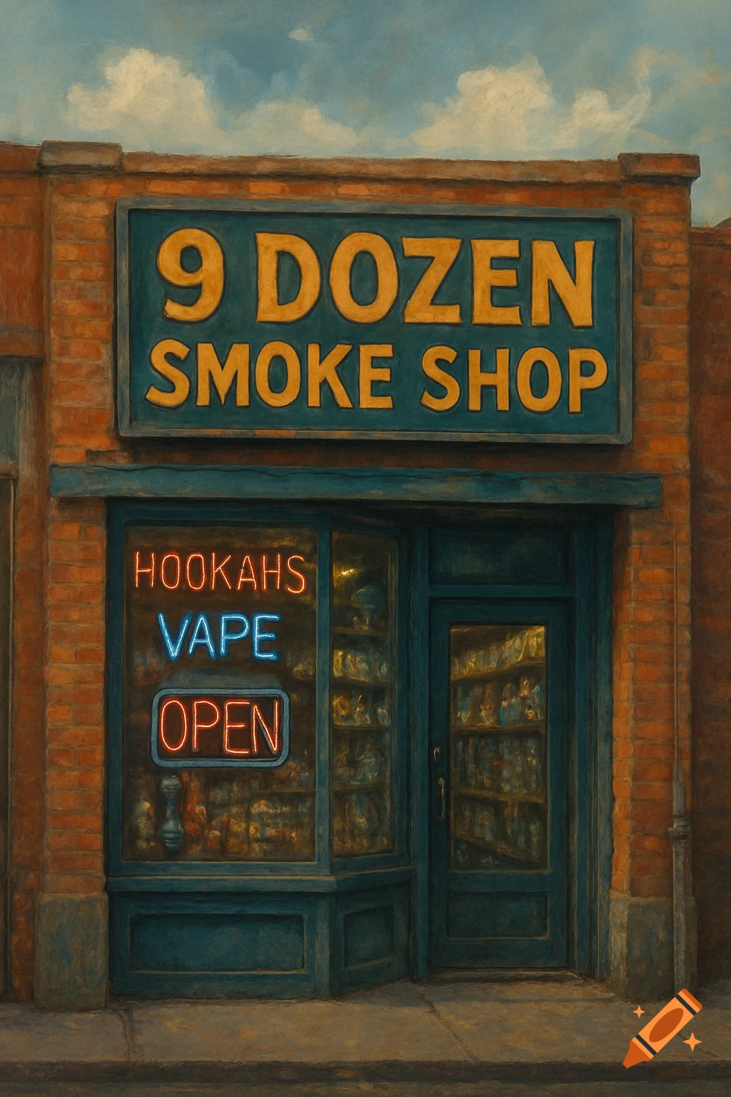 A painting of a brick smoke shop storefront with '9 DOZEN SMOKE SHOP' sign and neon 'HOOKAHS VAPE OPEN' signs in the window.