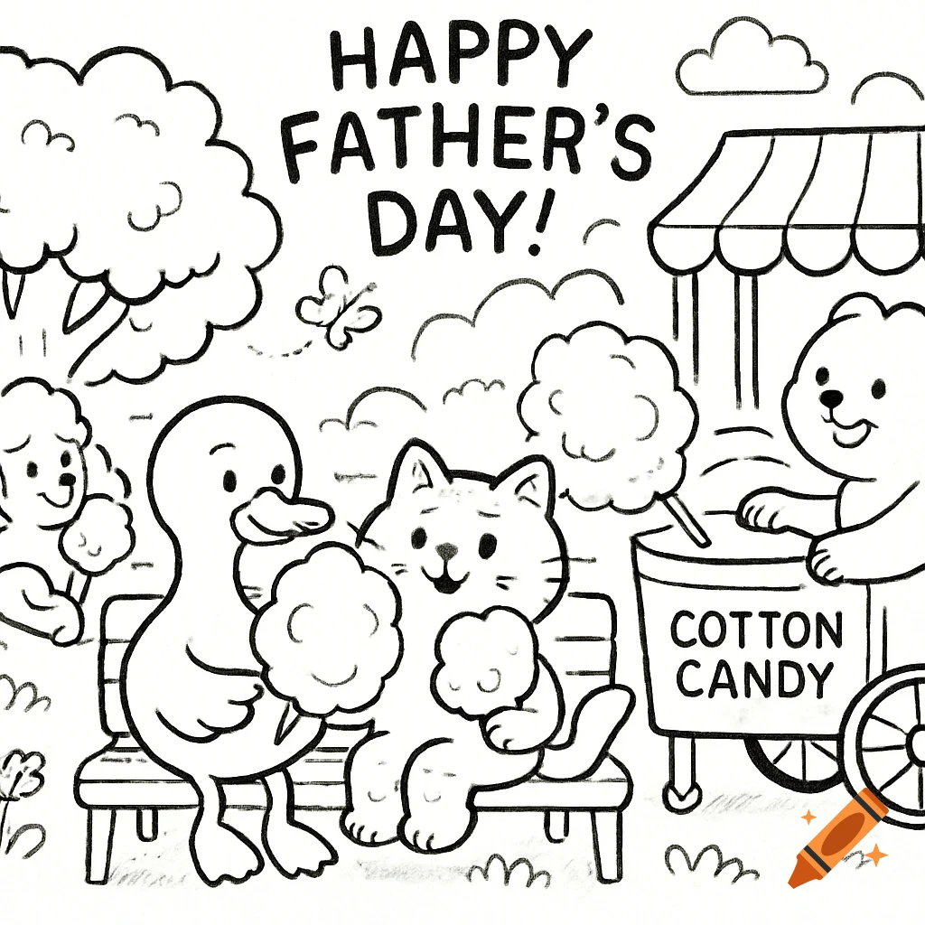 A line art coloring page of cute animals in a park. A duck and a cat sit on a bench eating cotton candy. A bear sells cotton candy from a cart. Text says 'HAPPY FATHER'S DAY!'.