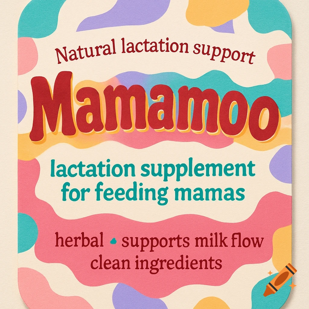 A colorful product label for 'Mamamoo Natural lactation support' with text and organic shapes.