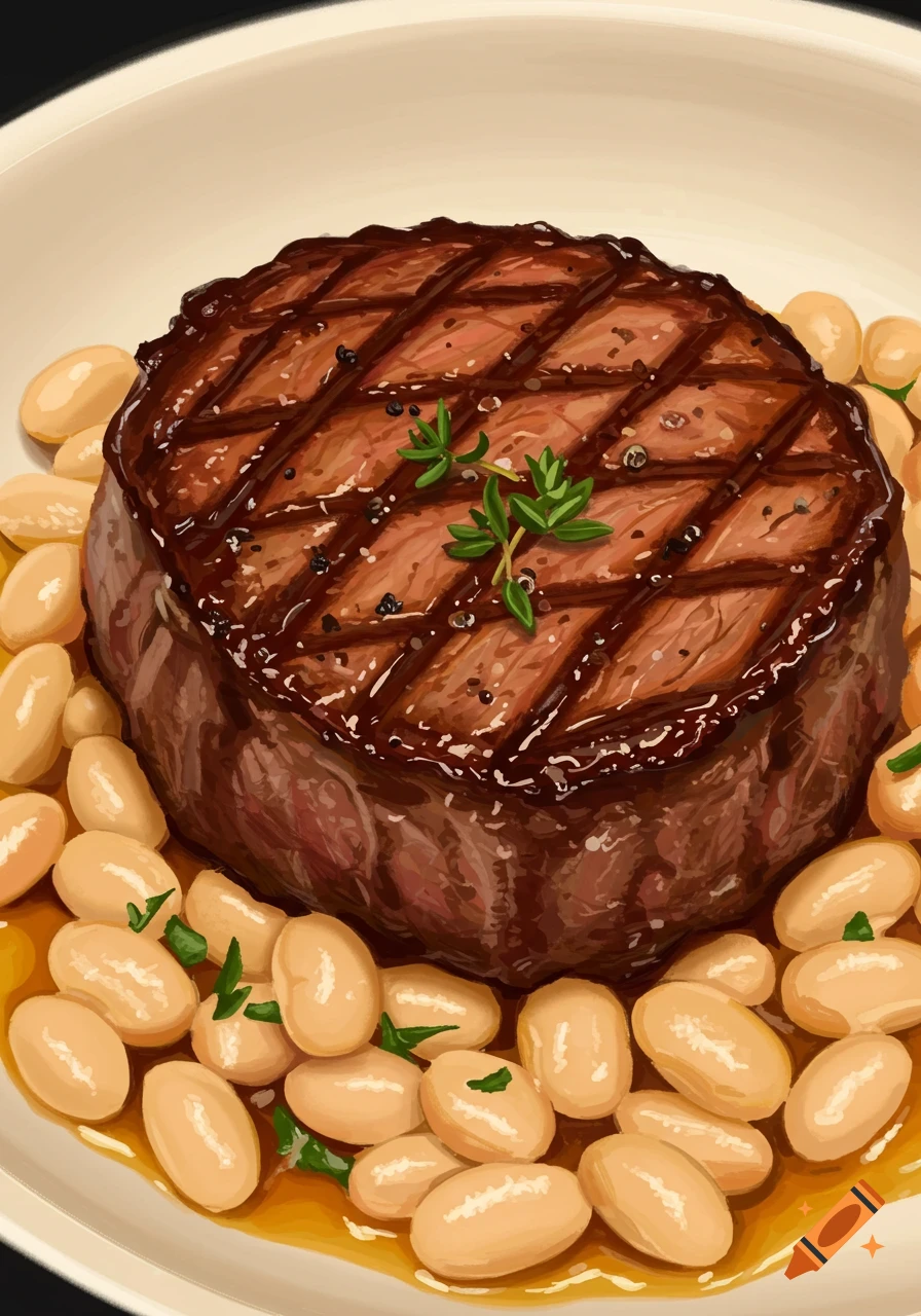 Grilled steak with white beans and herbs on a plate, in a painterly style.