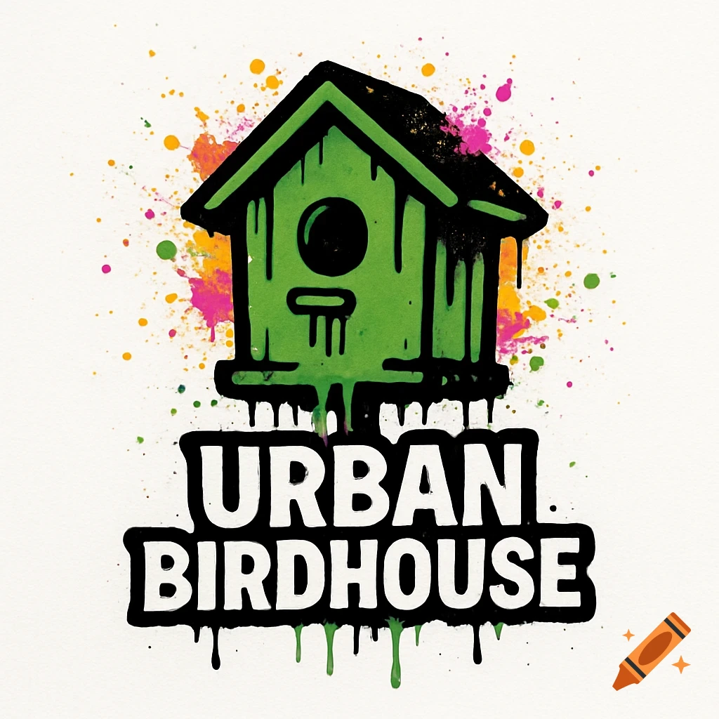 Logo of a green birdhouse with dripping paint and splatters above the text 'URBAN BIRDHOUSE', also dripping.