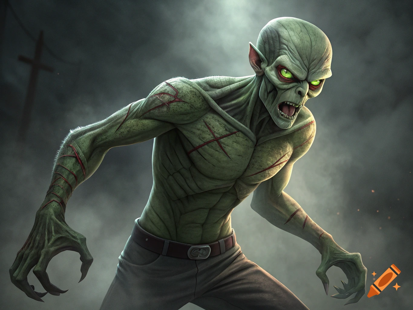 A green-skinned, red-eyed zombie alien creature with scars and sharp claws stands against a smoky background.