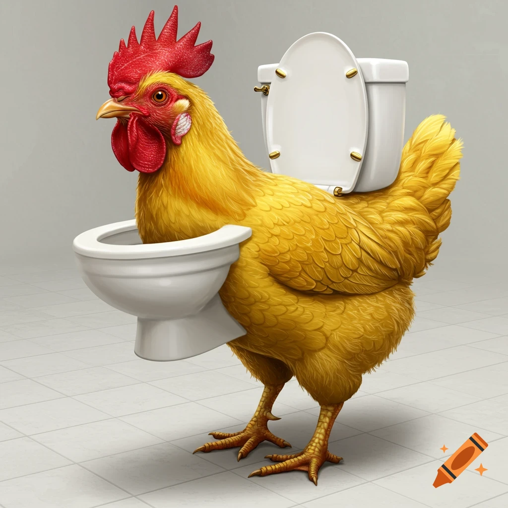 A realistic illustration of a chicken body with a toilet where the head should be and a cistern on its back.