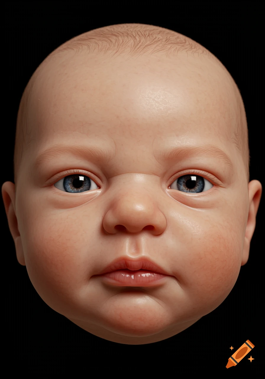 Close-up, head-on portrait of a baby's face with blue eyes.