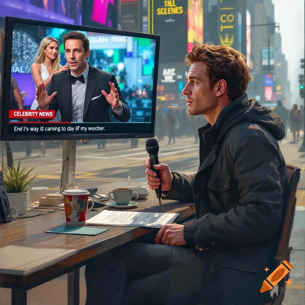 A reporter with a microphone sits at a desk in a city street, watching a news report on a monitor.