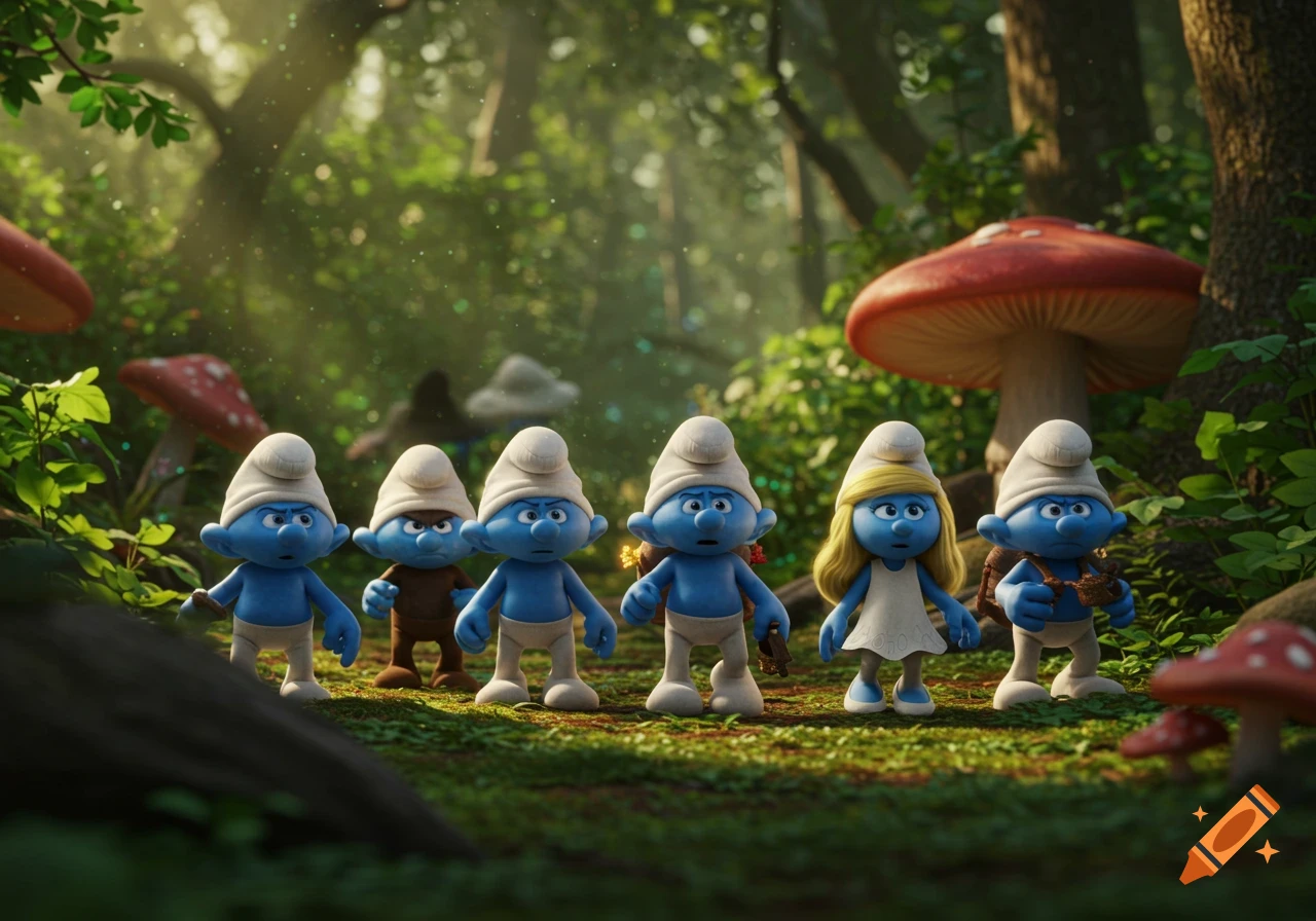 Several Smurfs, including Smurfette and Grumpy, stand in a sunlit forest among large mushrooms.