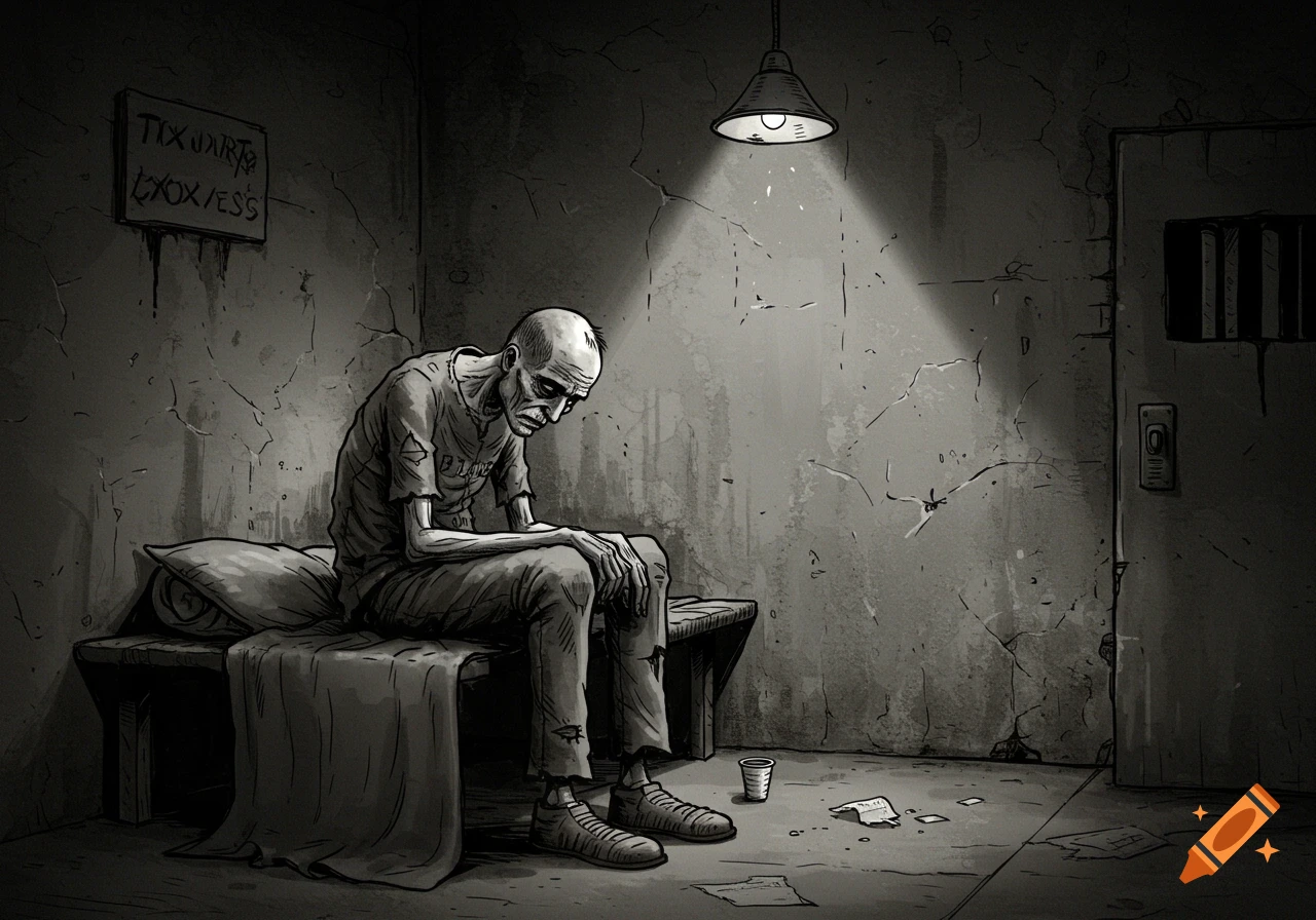 Illustration of a gaunt, suffering prisoner sitting alone on a bench in a cell.