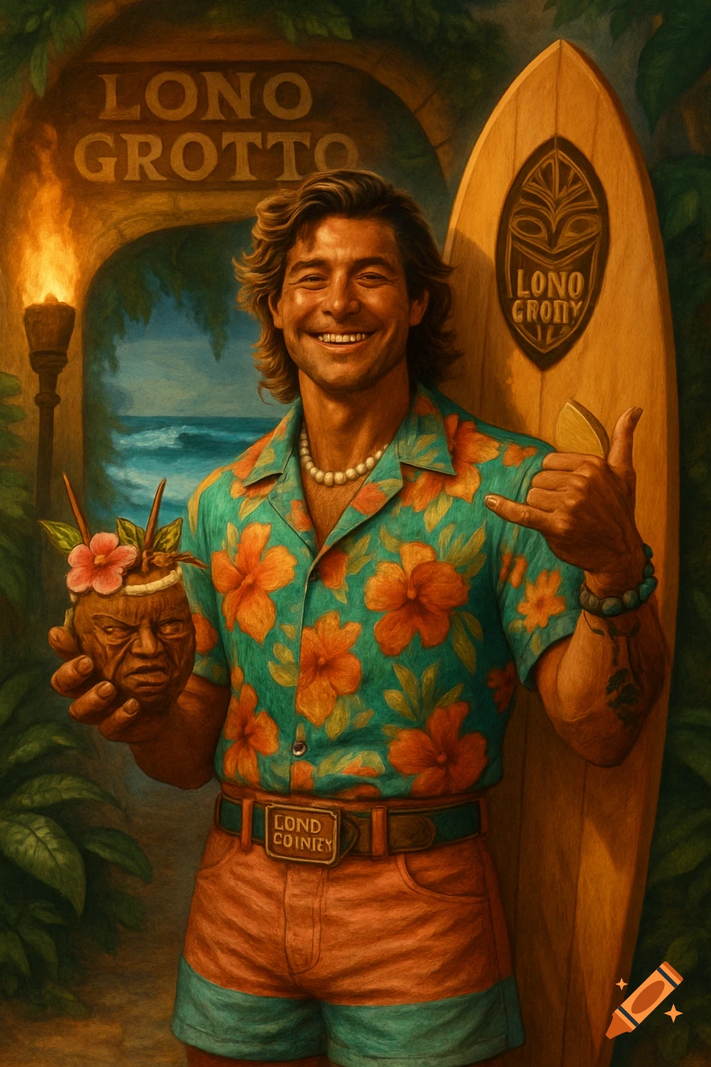 Painterly illustration of a smiling surfer holding a tiki drink and surfboard in a tropical grotto.