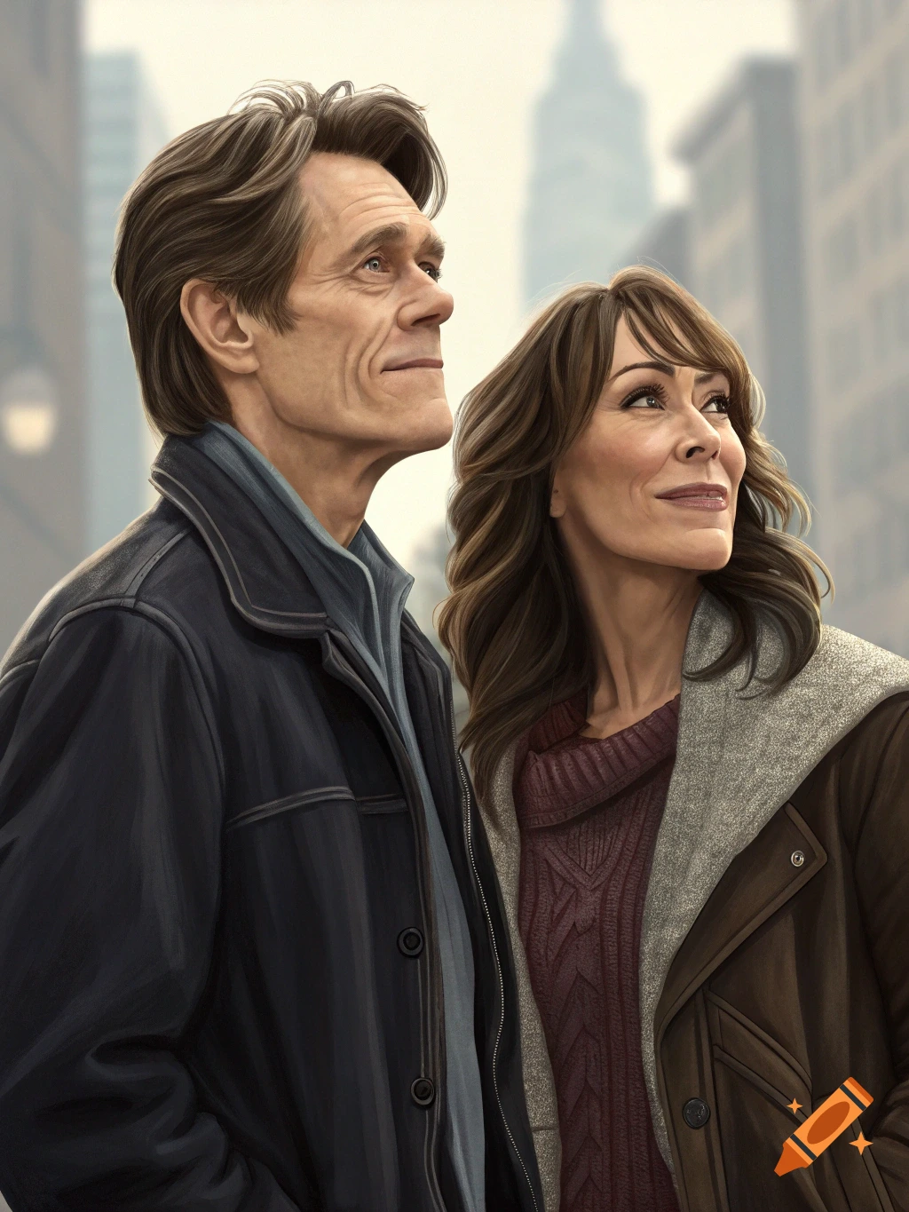 Digital art portrait of Willem Dafoe and Katey Sagal looking up in a city street.
