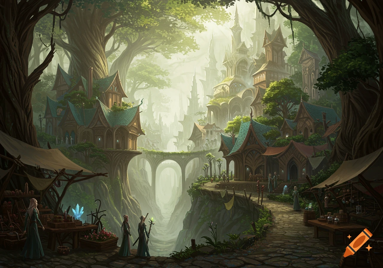 Fantasy illustration of an elvish city built into giant trees on a cliff edge, with bridges and market stalls.