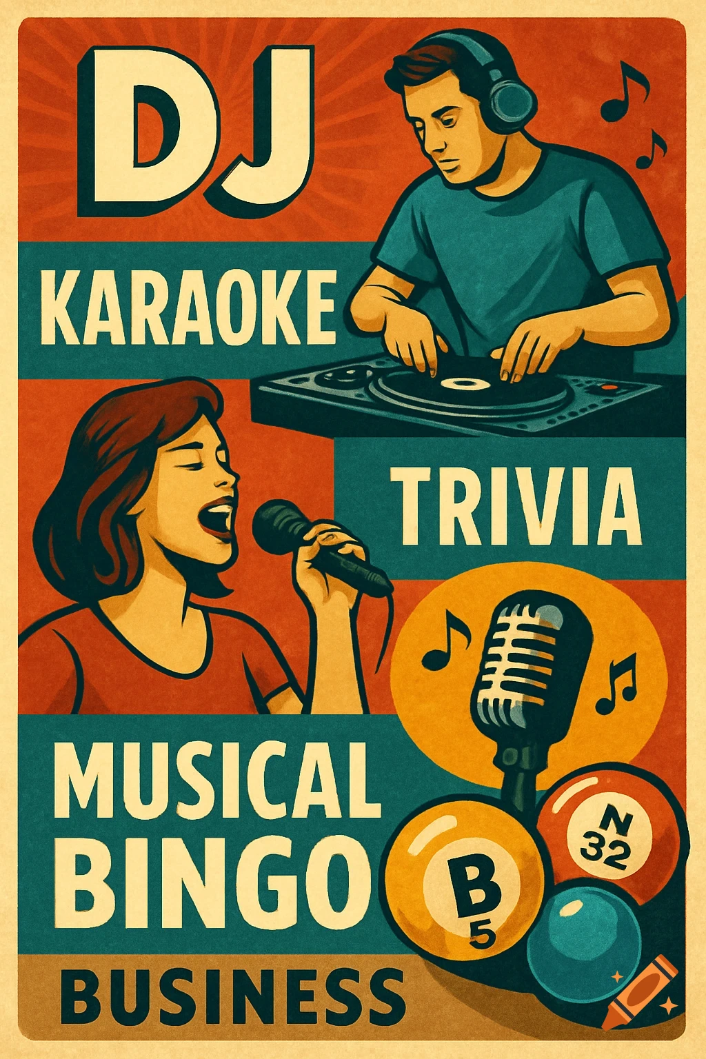Retro-style poster advertising DJ, karaoke, trivia, and musical bingo, featuring illustrations of a DJ, a singer, a microphone, and bingo balls.
