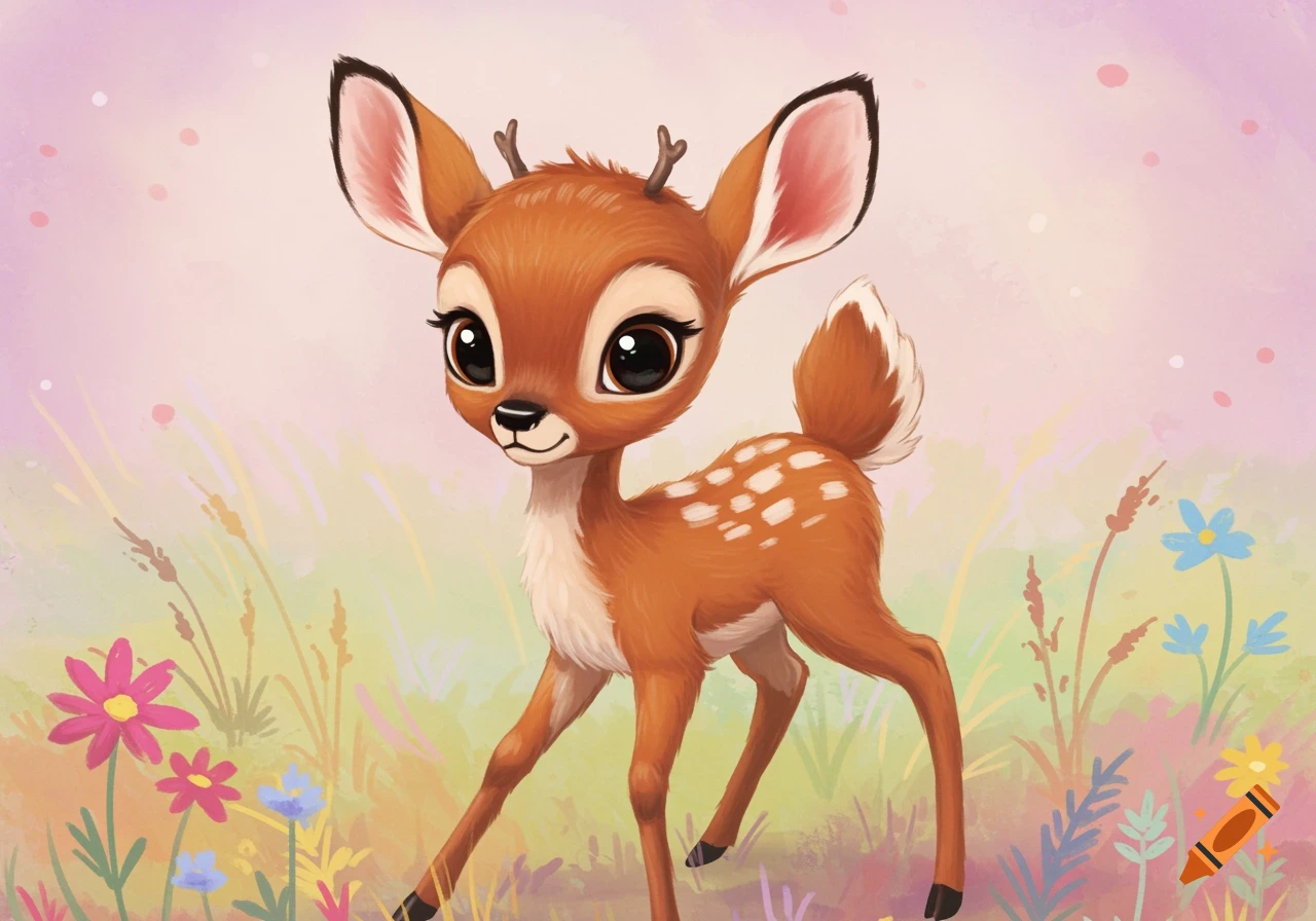 A cute cartoon fawn stands in a field of pink and blue flowers.