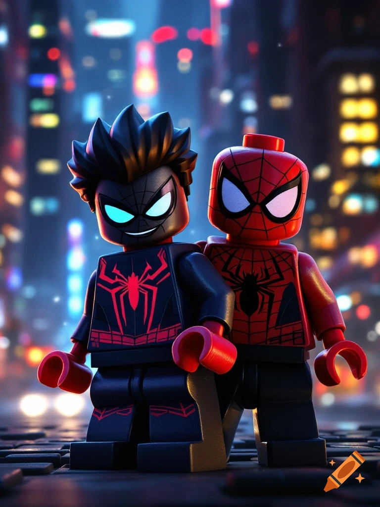 LEGO Miles Morales and Peter Parker Spider-Man figures stand together against a blurred city background.