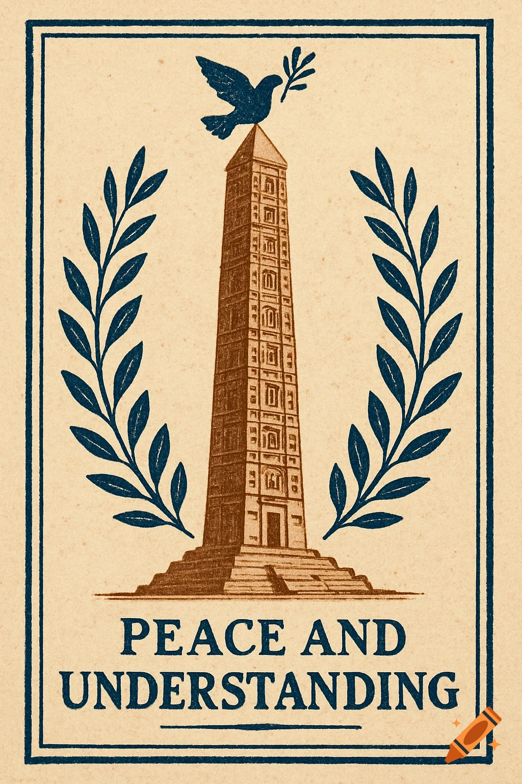 Vintage 2-color print of an obelisk, dove with olive branch, laurel wreaths, and text "PEACE AND UNDERSTANDING"