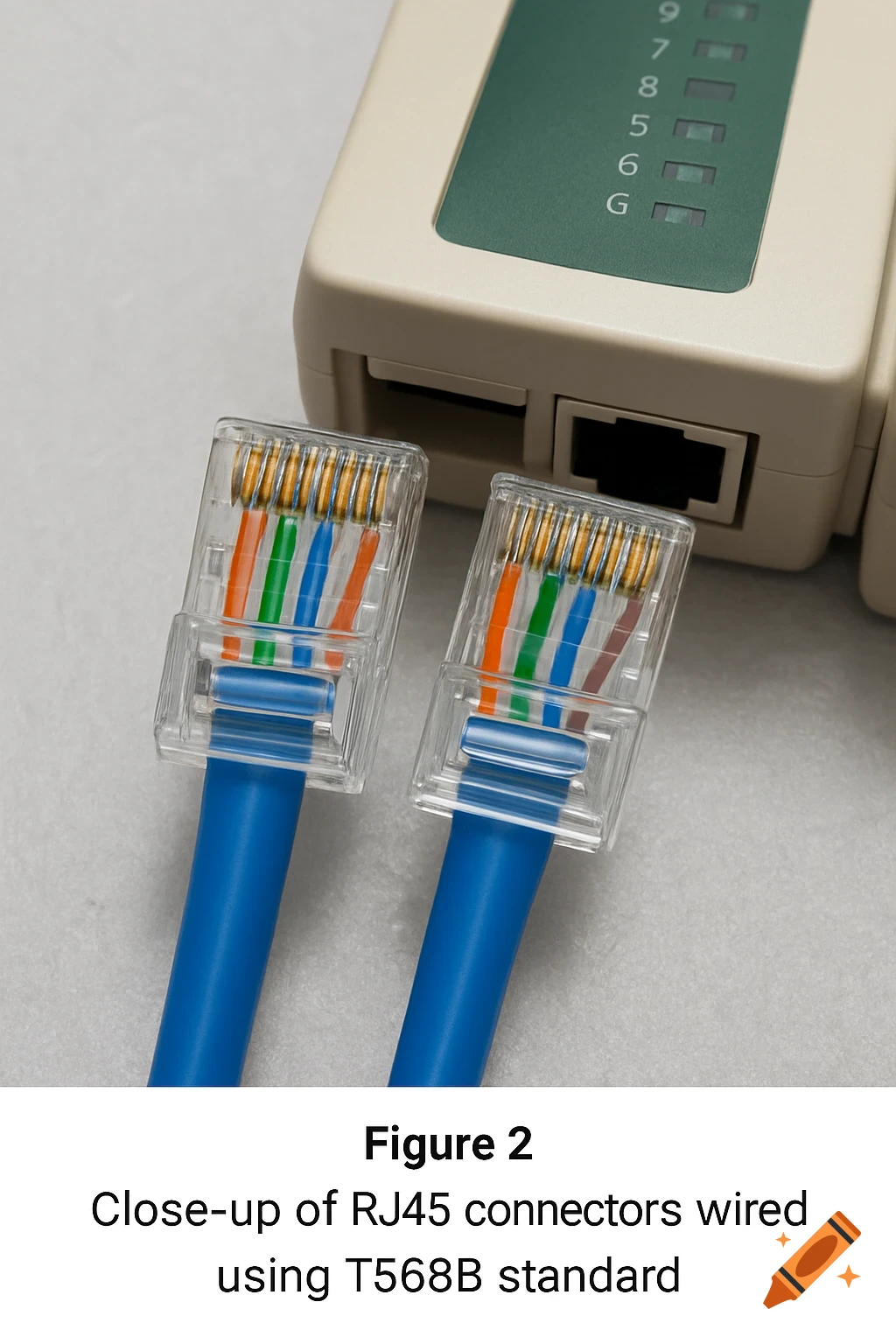 Close-up of two RJ45 connectors wired with T568B standard, plugged into a network cable tester.
