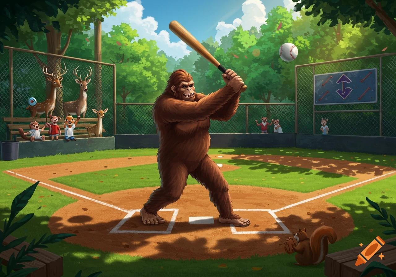 Cartoon Bigfoot batting a baseball on a field with animal spectators watching.