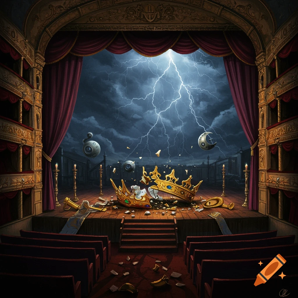 A broken crown lies on a theater stage under a stormy, lightning-filled sky in a surreal style.