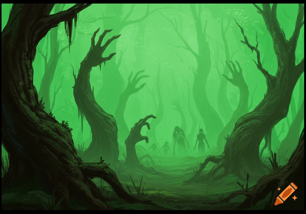 A surreal, foggy green forest with trees shaped like hands and shadowy monster figures in the distance.