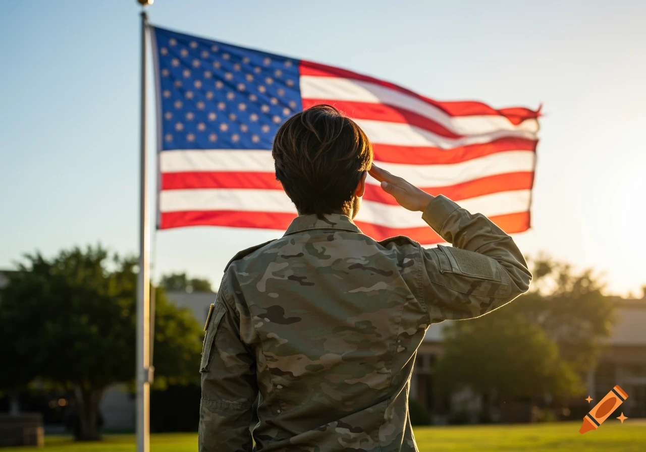 A person in camouflage uniform saluting an American flag.