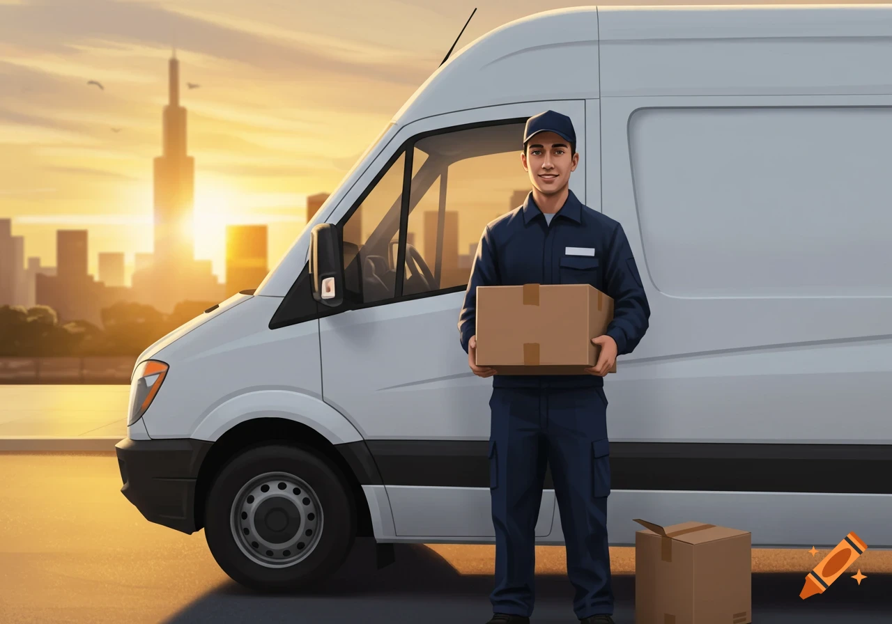 Delivery man holding a box next to a white van in an urban area at sunset.
