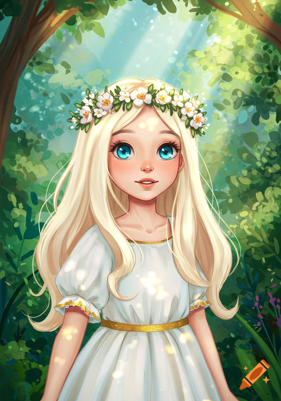 A bright illustration of a girl with blonde hair and a flower crown in ...