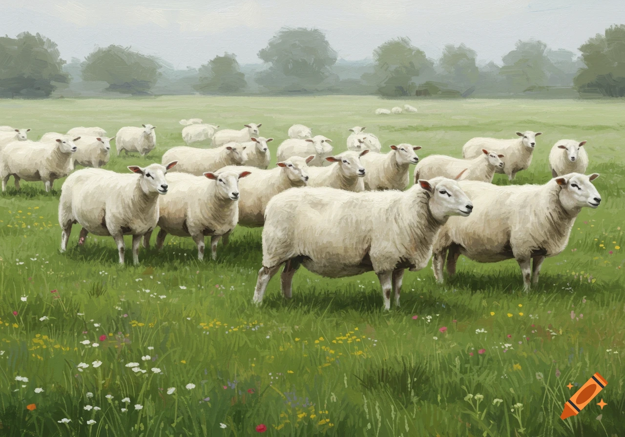 A flock of white sheep stands in a green field with wildflowers and trees in the background, in a painted style.