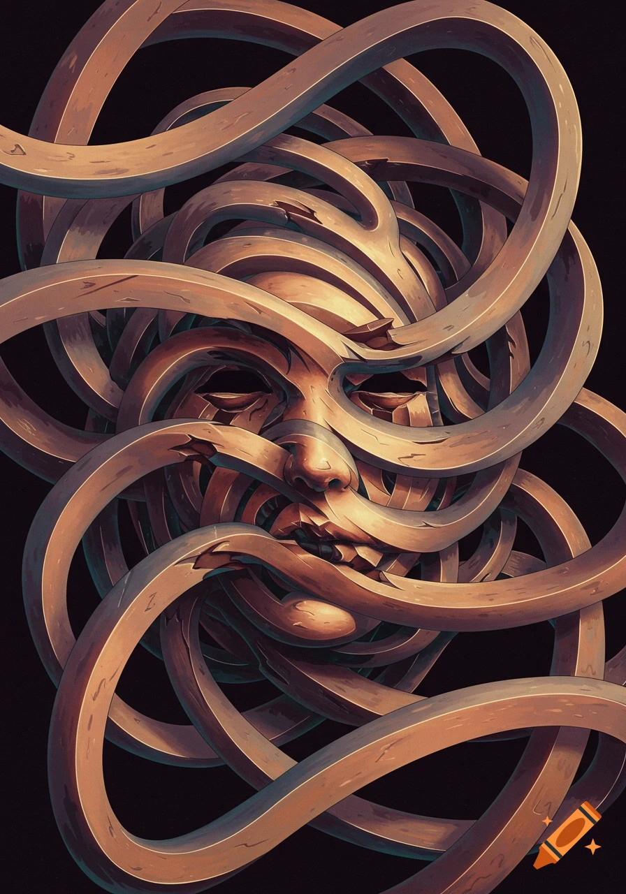 An obscured face made of twisted shapes creating an optical illusion