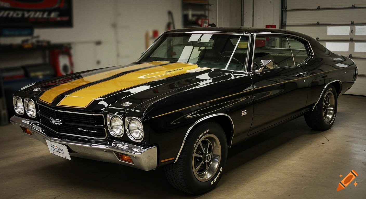 A black 1970 Chevrolet Chevelle with gold racing stripes parked in a garage. Photorealistic style.