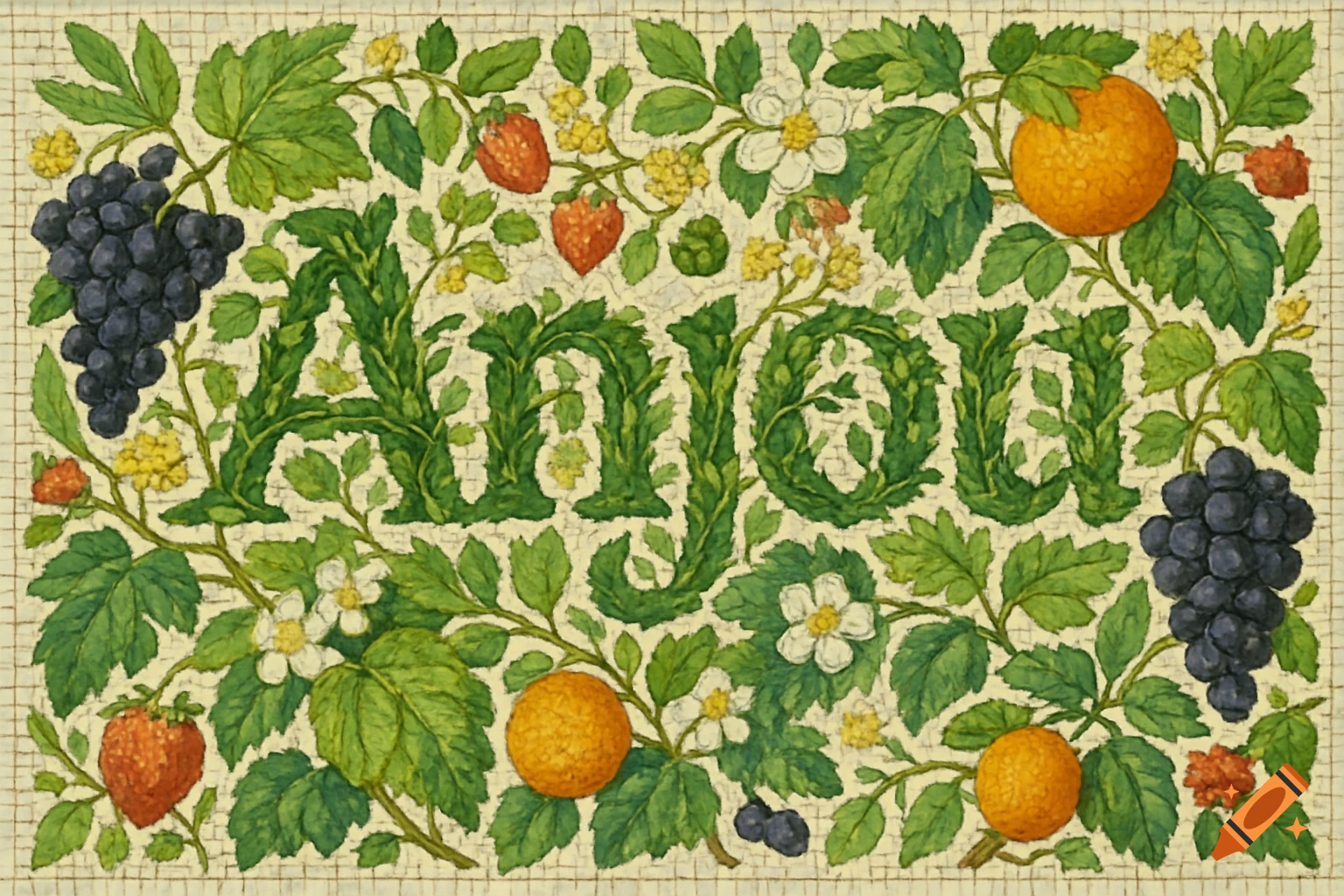 A plant mosaic spells out Anjou, surrounded by grapes, strawberries, oranges, leaves, and flowers.