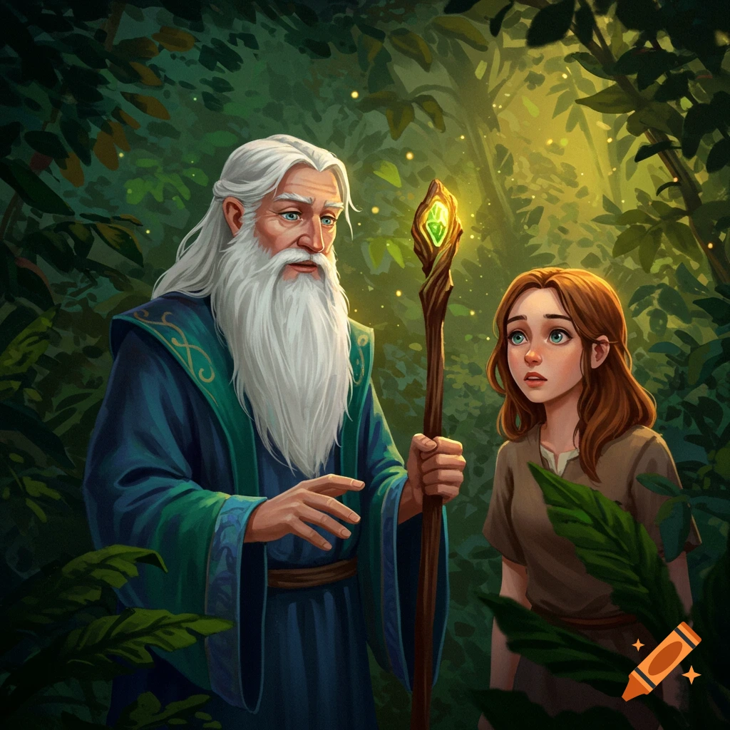 A wise wizard talks to a young girl in a magical forest. on Craiyon