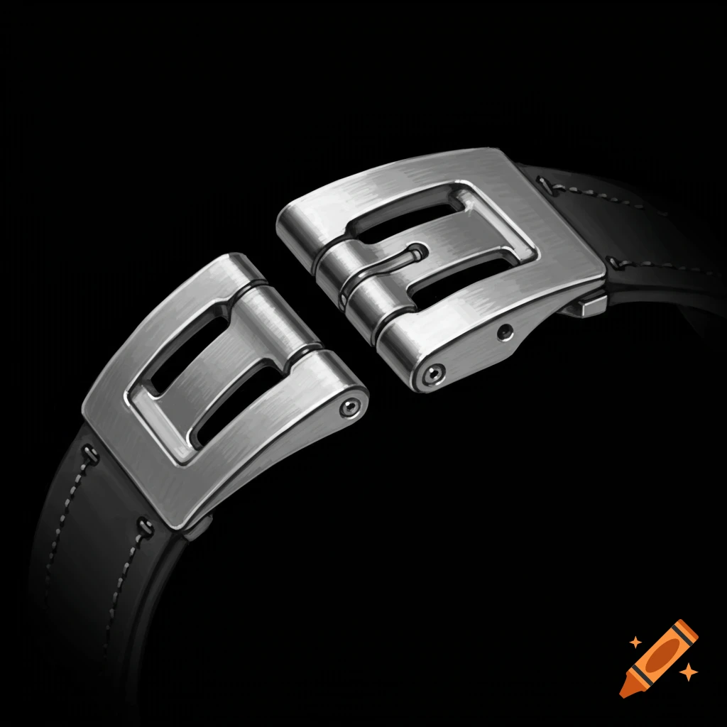 Close-up of a metal watch buckle and black leather strap.