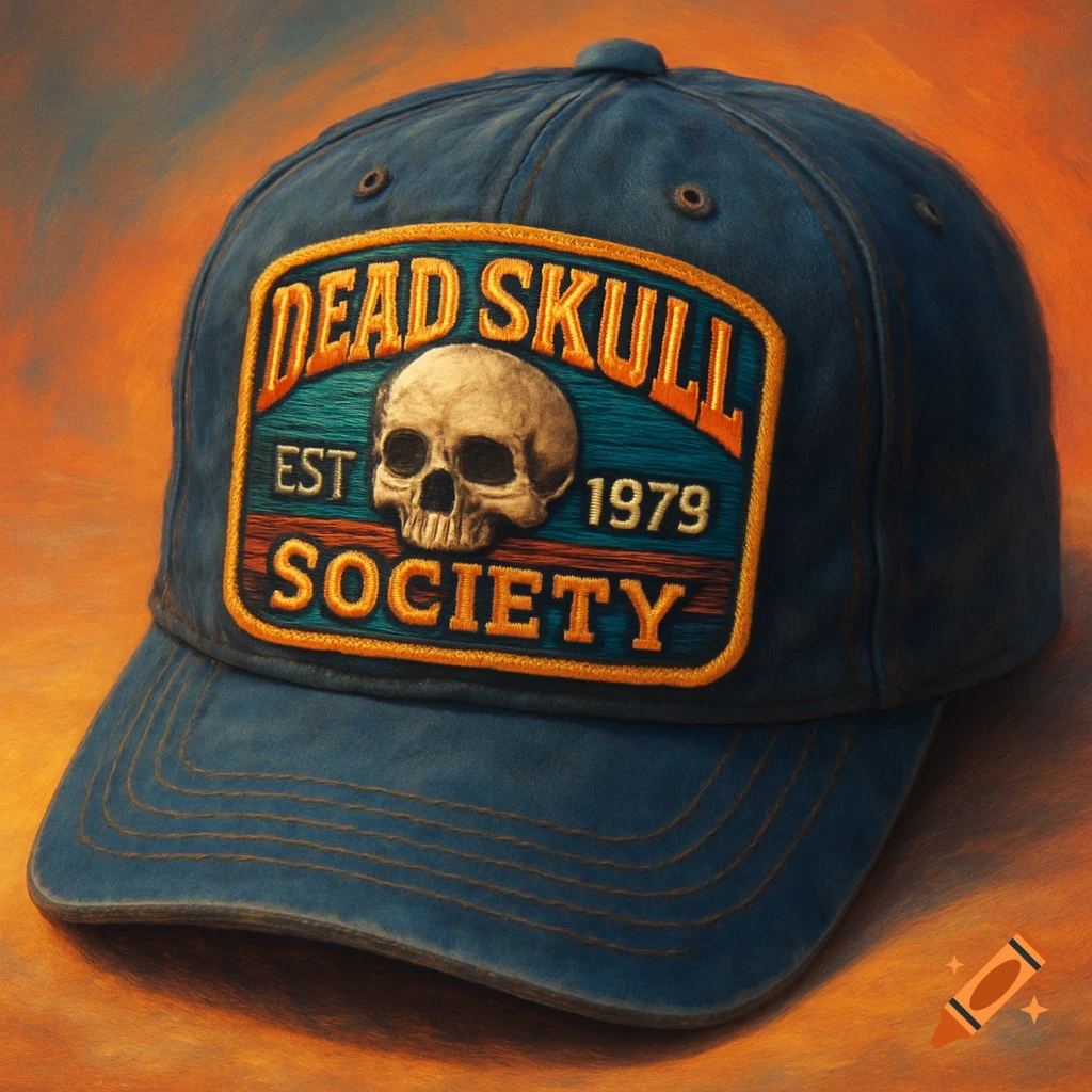 Painting of a blue baseball cap with a patch featuring a skull and the text 'DEAD SKULL SOCIETY EST 1979'.
