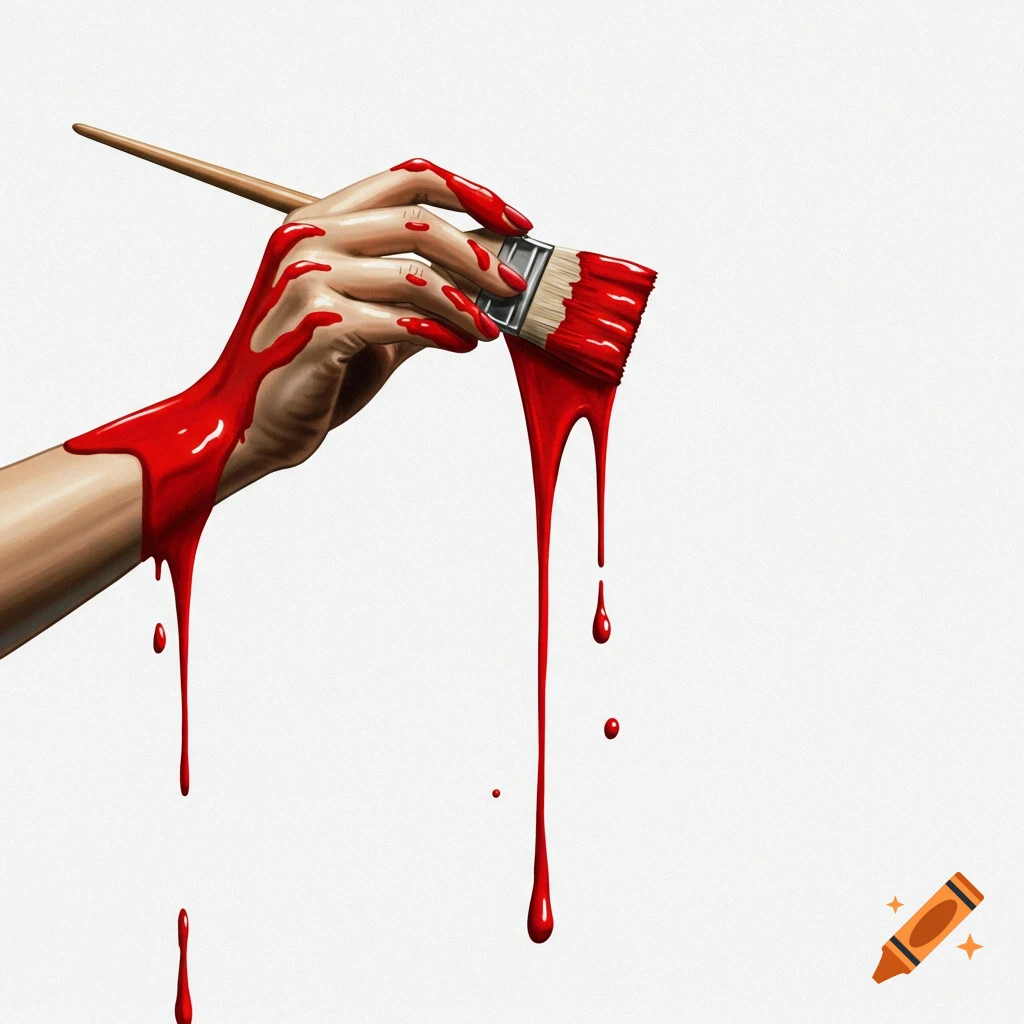 A hand covered in dripping red paint holds a paintbrush against a white background.