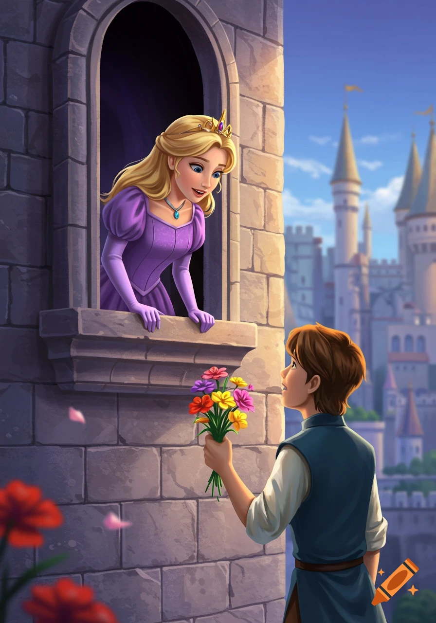 A blonde princess in a purple dress looks down from a castle window at a young man holding a bouquet of flowers.