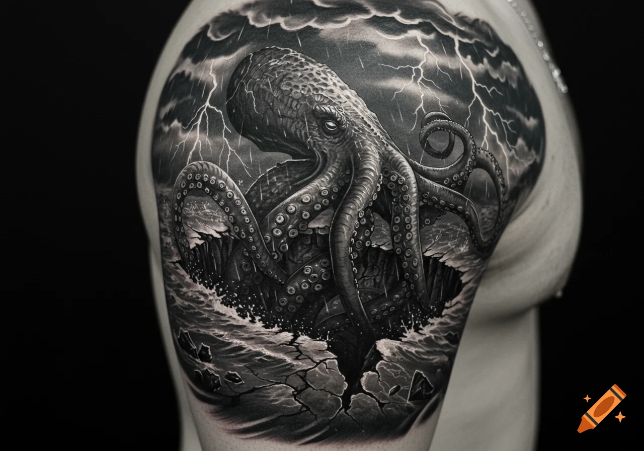 Realistic black and white tattoo of a kraken in a storm on a shoulder.