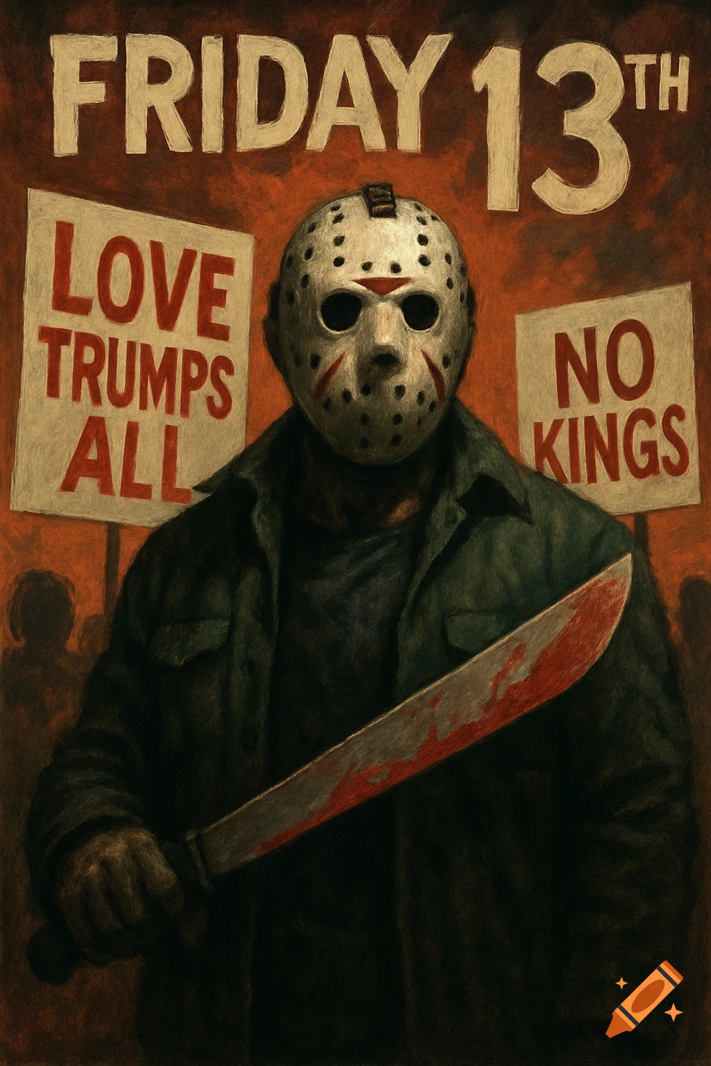 Illustration of Jason Voorhees from Friday the 13th holding a bloody machete, standing before signs reading 'LOVE TRUMPS ALL' and 'NO KINGS'.