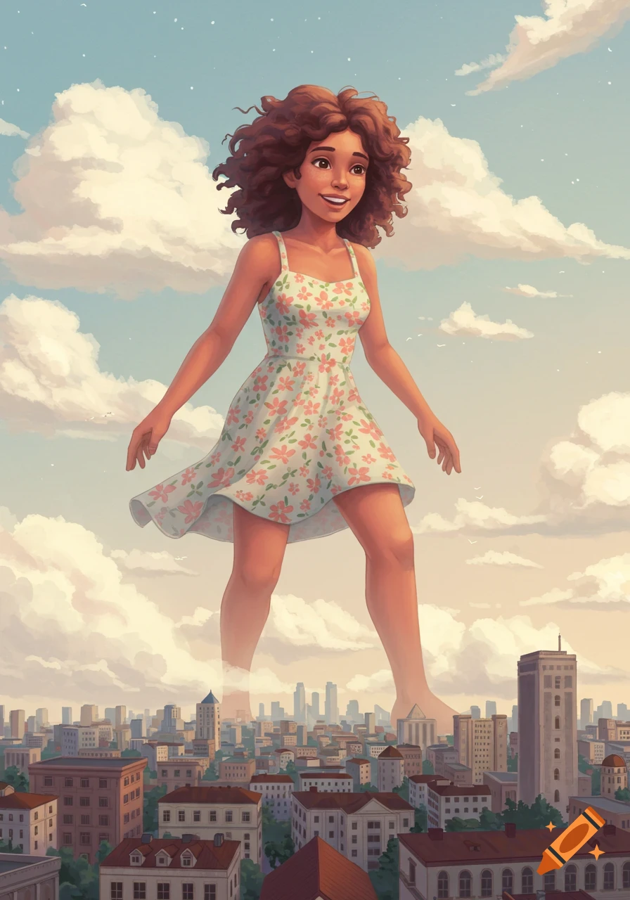 A giant woman in a floral dress walks over a city skyline under a cloudy sky. Stylized illustration.