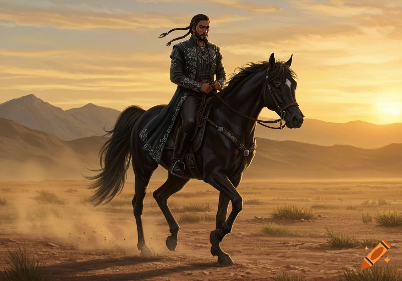 Man in elaborate coat riding black horse through dusty desert at sunset
