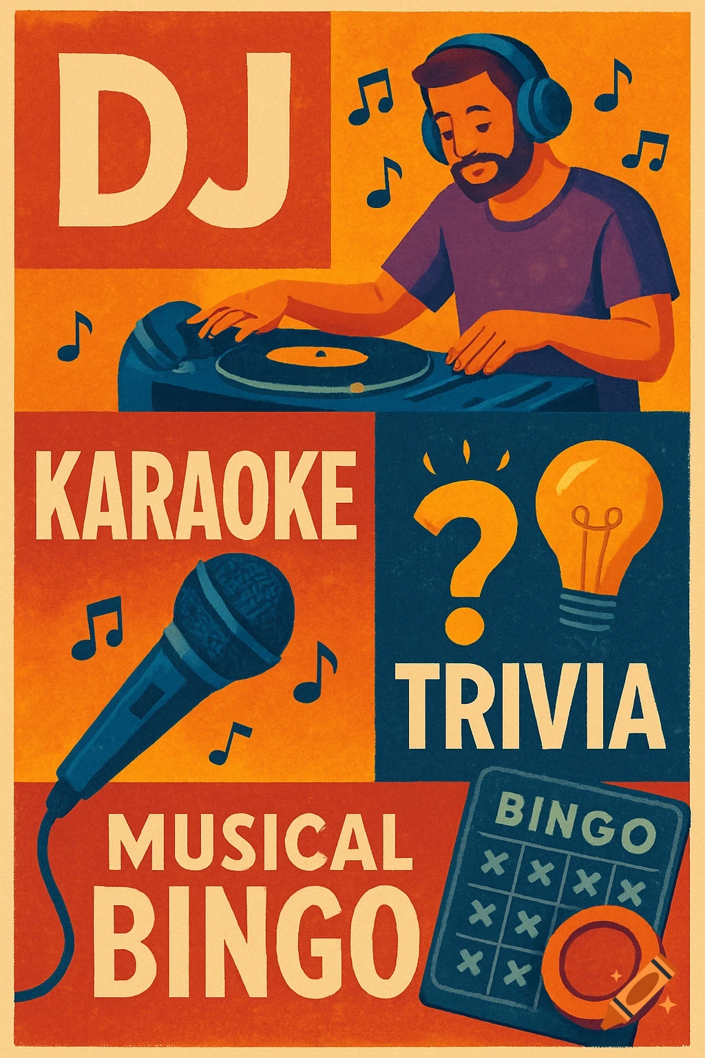 Graphic ad for DJ, Karaoke, Trivia, and Musical Bingo events.