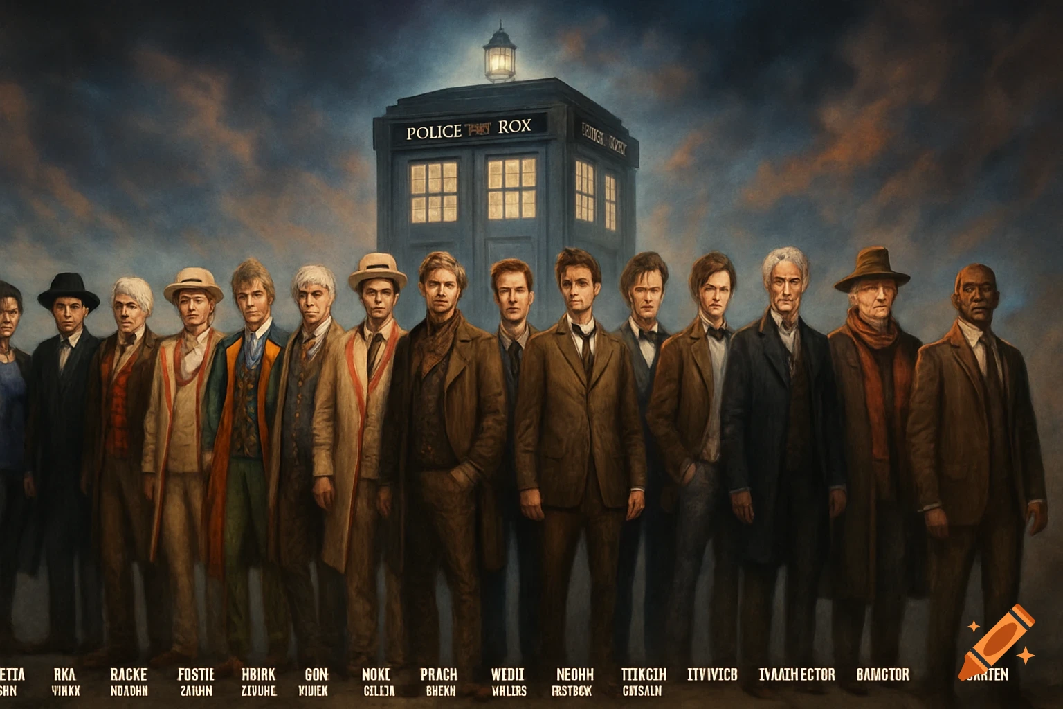 Group portrait painting of several men in historical clothing standing in front of a blue TARDIS.