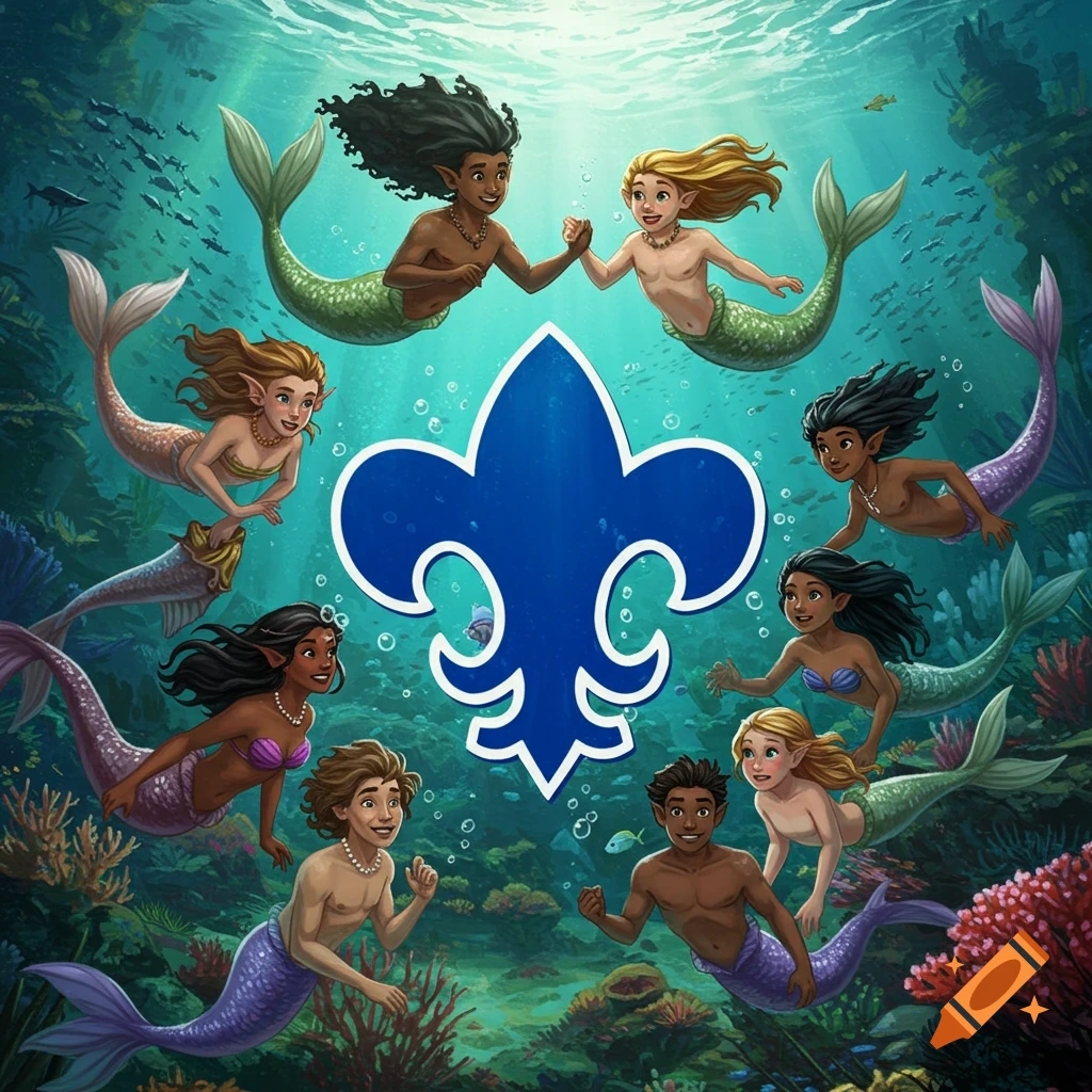 An illustration of mermaids and mermen swimming underwater around a large blue scout logo.
